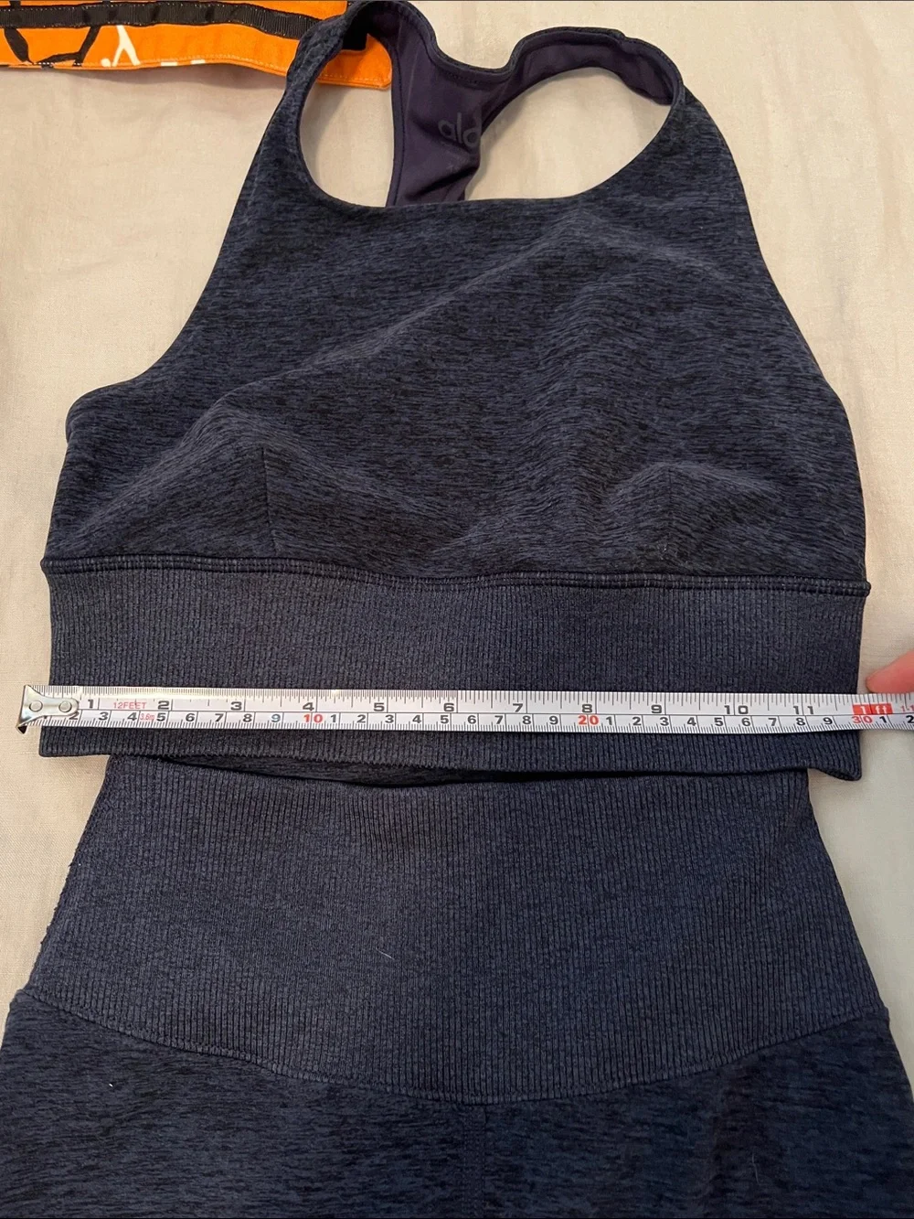 Alo Yoga navy blue bra and legging set